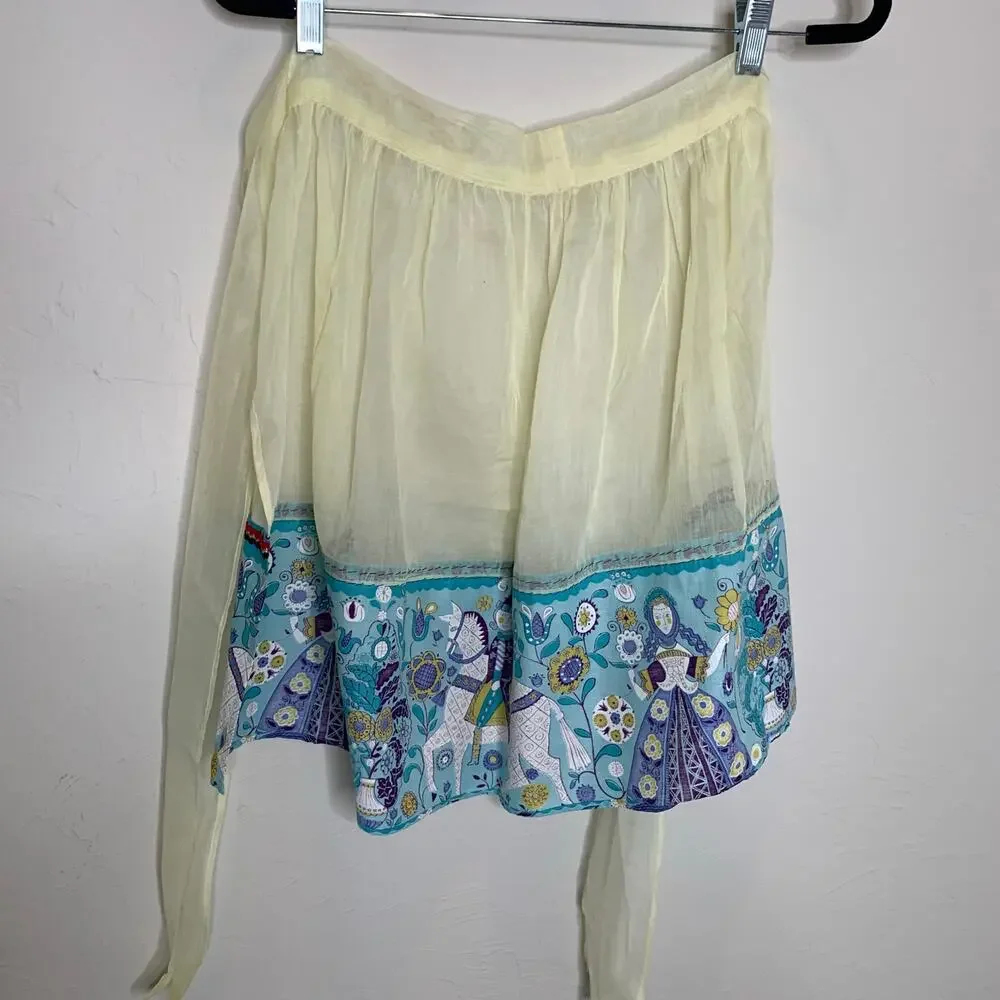 Vintage 60s Sheer Yellow Half Apron Folk Art Scandinavian Blue Hem OSFM